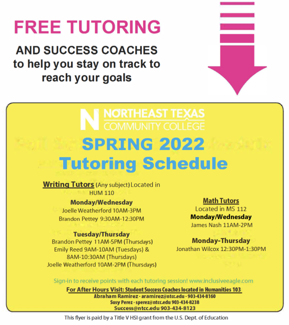 Free tutoring offered for spring | Northeast Texas Community College